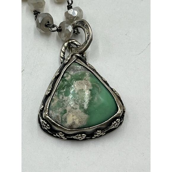 Sterling Silver Green Variscite Pendant Ornate Faceted Moonstone Beaded Necklace - Picture 7 of 12